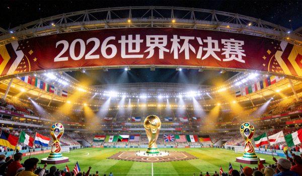 2026年世界杯决赛场地大都会人寿体育场夜景，灯光璀璨，准备迎接冠军诞生